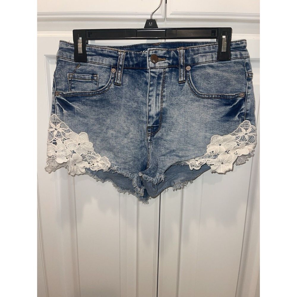 Mossimo High‎ Rise Denim Jean Shorts Womens 8 Stretch Festival Crocheted